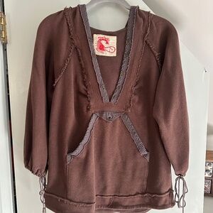 Free People Brown Thermal Half-Sleeve Hoodie, L